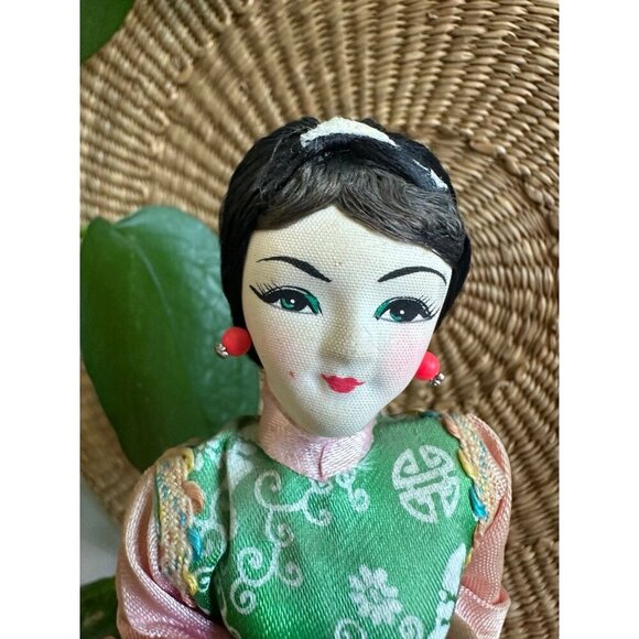Vintage Asian Fabric Doll on Wood Base - Picture 4 of 12